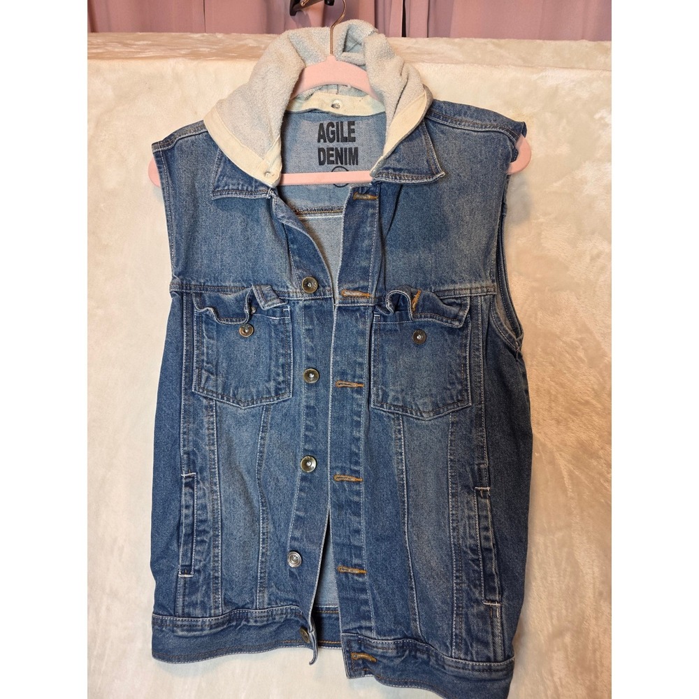 Agile Denim Womens Blue Jean Vest‎ Removable Hood Medium Wash AVL27642 Large